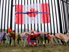 A memorial for Const. Heidi Stevenson is seen outside the Royal Canadian Mounted Police (RCMP) Headquarters, in Dartmouth, Nova Scotia, Canada April 20, 2020. REUTERS/John Morris ORG XMIT: GGG-POR147