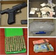 Chatham-Kent police provided this photo collage of the drugs, weapon, ammunition and cash seized from a Chatham hotel room on Wednesday, which resulted in the arrest of a man and two women.