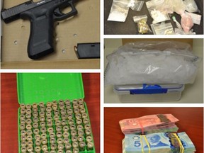Chatham-Kent police provided this photo collage of the drugs, weapon, ammunition and cash seized from a Chatham hotel room on Wednesday, which resulted in the arrest of a man and two women.