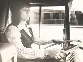 Diane Chenier, London's first female bus driver, drives a training curse in 1976.