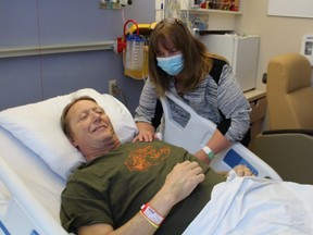 Chris Brown, a palliative care patient at Sarnia's Bluewater hospital, is shown with his wife, Stacey Brown, before his trip home to Brigden for his birthday.