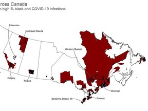 Western University researchers created a map of COVID-19 hotspots in Canada determined by models they created based on data about the spread of the coronavirus and census data. (Supplied)