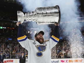 Alex Pietrangelo of the St. Louis Blues celebrates with the Stanley Cup.