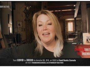 Jann Arden performs during "Stronger Together, Tous Ensemble" an online Canadian COVID-19 broadcast benefit event in support of frontline workers and Food Banks Canada in this image taken from video.
