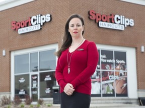 Jean Coles, owner of three Sport Clips Haircuts locations in London, is sharing her financial struggles during the pandemic as part of a lobbying effort by business groups to improve government assistance to small businesses.. (Derek Ruttan/The London Free Press)