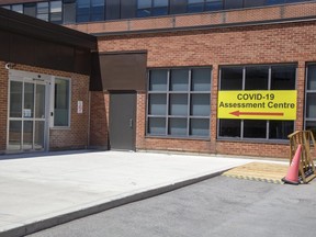 The COVID-19 assessment centre at St. Thomas Elgin General Hospital in St. Thomas, Ont. on Tuesday May 26, 2020. (Derek Ruttan/The London Free Press)