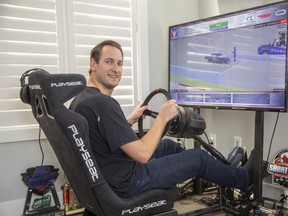 Matt Pritiko is maintaining his car racing skills with iRacing, an online racing simulator on Tuesday. (Derek Ruttan/The London Free Press)