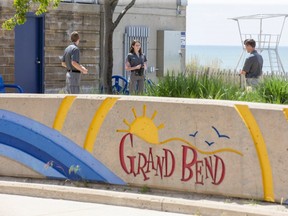 Lambton Shores bylaw enforcement officers patrol the beach in Grand Bend. Beaches remain closed to the public because of the COVID-19 pandemic. (DEREK RUTTAN, The London Free Press)