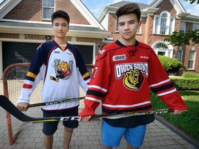 Ryan Suzuki, left, and his big brother Nick in the driveway of their family home in Byron on Thursday June 15, 2017. Ryan was just drafted by the OHL Barrie Colts, while Nick, who played for Owen Sound last season, is expected to be a top pick in next week's NHL draft. MORRIS LAMONT/THE LONDON FREE PRESS /POSTMEDIA NETWORK