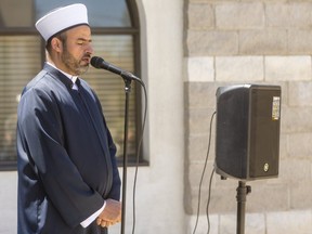 London Muslim Mosque Imam Amin Al Ali issues a call for prayer Wednesday, May 13, 2020 at the Mosque in London, Ont.  (Mike Hensen/The London Free Press)