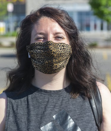 Kim Venninckx, 32 of London said about her mask, "my mom made it."  Photograph taken on Tuesday May 26, 2020.  Mike Hensen/The London Free Press/Postmedia Network
