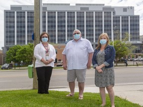 Carlie Dinn, president of the Ontario Nurses Association local at St. Joseph’s Health Care, left, James Murray, ONA bargaining president at London Health Sciences Centre, and Rikki Dolsen, the union’s occupational health and safety representative for Victoria Hospital. (Mike Hensen/The London Free Press)