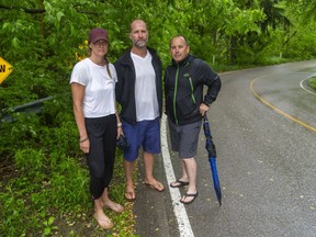 Lindsay and Keith Merker and Darren Smyth want traffic calming measures to be employed to slow down traffic in their neighbourhood off of Riverside Drive near the Thames Valley Golf Course where a car left the road, slammed into a tree and rolled recently in London.  (Mike Hensen/The London Free Press)