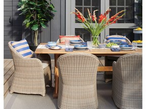 Comfy chairs, cushions and the right sized table make for successful outdoor entertaining. Outdoor dining table and chairs, $1,999, HomeSense.