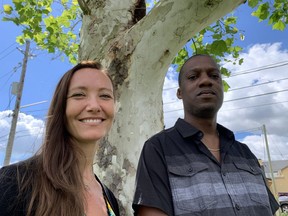 Artist Evond (Mediah) Blake and his wife and manager Jessica Blake are at the site of the future Westlake-Evans Civic Park Thursday in St. Thomas. Blake will paint three murals in downtown St. Thomas this summer. (Paul Vanderhoeven, The London Free Press)