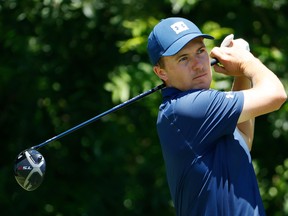 Jordan Spieth of the United States plays his shot from the sixth tee during the final round of the Charles Schwab Challenge.