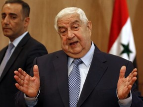 Syria's Foreign Minister Walid Muallem holds a press conference on new US sanctions imposed on the country, in the capital Damascus on June 23, 2020. - Fresh US sanctions wont push Syria to "bow" to Washington's demands, Muallem said, explaining that they aim to undermine support for President Bashar al-Assad ahead of elections. (Photo by LOUAI BESHARA / AFP) (Photo by LOUAI BESHARA/AFP via Getty Images)