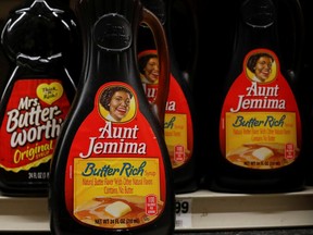 Bottles of ConAgra Brands Inc. Mrs. Butter-Worth's branded syrup are seen along side Aunt Jemima branded syrup on a store shelf in the Brooklyn borough of New York City, New York, U.S., June 17, 2020. (REUTERS/Brendan McDermid)