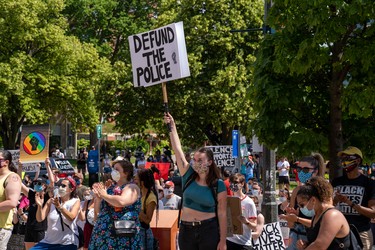 Protesters rallied outside city hall for London's second Black Lives Matter rally. Photo taken on Saturday June 20, 2020. (Max Martin/The London Free Press)