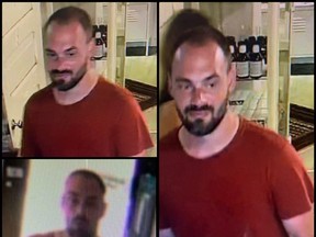 London police released these images of a man suspected of committing an indecent act in front of a female staffer at a London business June 9. (Supplied)