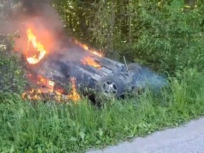 One person suffered minor injuries in this dramatic single-car crash on Villa Nova Road near Simsvoe Sunday afternoon, Norfolk OPP say. (Supplied)