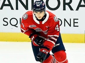 Brett Harrison #44 of the Oshawa Generals skates in warmup prior to a game against the Mississauga Steelheads on October 25, 2019 at Paramount Fine Foods Centre in Mississauga, Ontario, Canada. (Photo by Graig Abel/Getty Images)