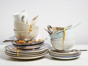 Dirty dishes pile up, needing washing up.