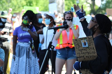 One of the speakers at the Black Lives Matter rally in London on Saturday June 6, 2020, was Nelly Wendo, the mother of Caleb Tubila Njoko, whose fatal fall from a balcony is under investigation by Ontario's police watchdog. DALE CARRUTHERS / THE LONDON FREE PRESS