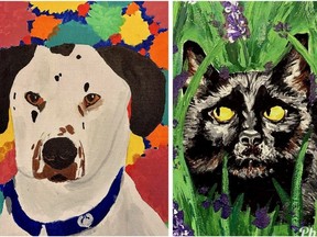 Spot and John, a dog and cat looking for homes through the Humane Society of London and Middlesex. Their portraits were painted by Medway high school students.