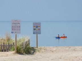 Two kayakers float offshore June 2 in a still Lake Huron at Grand Bend beach in Grand Bend, a colourful reminder of summer fun in Southwestern Ontario where the COVID-19 pandemic has changed the complexion of many warm-weather past-times. (Derek Ruttan/The London Free Press)