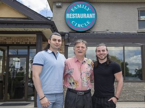 Spiros Letsos is flanked by his sons Chris, left, and Daniel, who plan to take over the family-owned Family Circle Restaurant in London after a deal to sell the property to a developer fell through. (Derek Ruttan/The London Free Press)