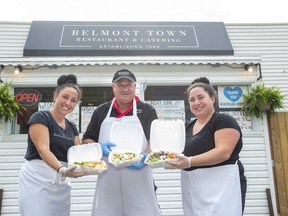 Cassandra Sfakianos, her father, Paul Sfakianos, and sister Anna Sfakianos say there's been no indication that Belmont Town Restaurant and Catering, their pandemic-shuttered buffet restaurant, will be able to reopen. (Derek Ruttan/The London Free Press)