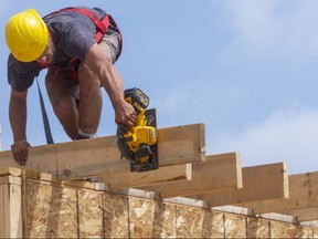 Vuk Cekic cuts the floor joists that will hold a cantilevered balcony on a new home being constructed north of Fanshawe Park Road in London, Ont.  Photograph taken on Wednesday June 3, 2020. (Mike Hensen/The London Free Press)