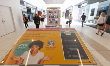 White Oaks mall had a slow opening on Friday June 12, 2020 for Max Martin, the familiar touch screen location signs have been replaced with an app for smart phones.   Photograph taken .  Mike Hensen/The London Free Press/Postmedia Network