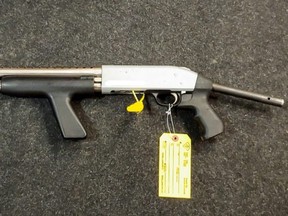 Police seized a shotgun, drugs and knives from a vehicle stopped at a RIDE checkpoint on Friday in Central Elgin, the OPP said. Two men face charges. (OPP supplied photo)