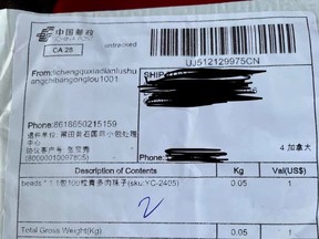 Packages of unordered and unlabelled seeds delivered from China are showing up in mailboxes in the area. Most of the packages look the same, featuring Chinese lettering, and sometimes labelled as beads or jewelry. (Kelly Elliott photo)