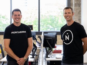 Michael DeLorenzi, president of Northern Commerce, left, and Andrew McClenaghan, chief executive Digital Echidna, are now on the same team after Northern bought Digital Echidna. (Supplied photo)