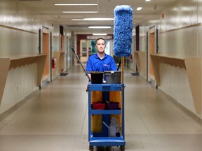 Chief custodian Brian Szabadkay cleans and disinfects all areas of Kanata Highlands Public School in Ottawa.  Julie Oliver/Ottawa Citizen