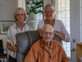 Ed Butler, 94, is a descendant of Peter Butler, an early settler in the Wilberforce Colony, who arrived around 1840 in the settlement for escaped Black slaves in the precursor to today's Lucan. Butler, pictured with his wife Annelies, left, and niece Marlene Thornton, has lived in Lucan on the original Butler land his entire life. (MAX MARTIN, The London Free Press)