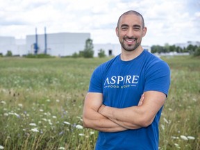 Mohammed Ashour, CEO of Aspire Food Group, stands on Monday at the corner of Innovation and Concept drives, where his company will build  world’s largest indoor cricket farm in London. Crickets will be hatched and grown on-site and be processed into a tasteless, odourless protein powder that will be sold as a food additive and be used to make protein bars. (Derek Ruttan/The London Free Press)