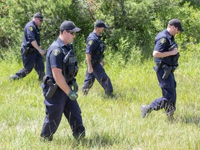 OPP officers search the west side of Centre Road just south of HWY 402 in Strathroy, Ontario on Tuesday July 21, 2020. They were searching the area near the spot that human remains were discovered this morning. Derek Ruttan/The London Free Press/Postmedia Networi