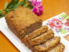 Tasty and versatile, homemade rhubarb walnut loaf makes a great companion to tea and coffee, an easy dessert or brunch offering, Jill Wilcox says. (Derek Ruttan/The London Free Press)