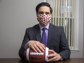 London North Centre MP Peter Fragiskatos — in London on Thursday, July 16, 2020 — does not want the government to subsidize the salaries of American CFL players. (Derek Ruttan/The London Free Press)