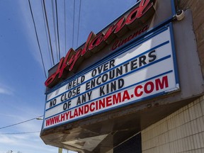 The Hyland Cinema on Wharncliffe Road makes a COVID-19 pandemic statement with their play on the title of Steven Spielberg's classic with "No Close Encounters of any kind." Photograph taken on Wednesday May 6, 2020. Mike Hensen/The London Free Press)