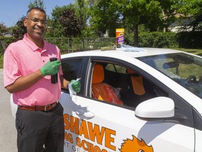 Zafir Ahmed, a senior supervisor for Fanshawe Driving School in London, says it has all the required PPE to make teaching students safe in their cars: fogging disinfectant to clean the car, plastic covers for the car seats, gloves, masks, cleaning wipes and more. Ahmed has received notes from students saying they have driving tests scheduled for this week, yet he's not allowed to teach. (Mike Hensen/The London Free Press)