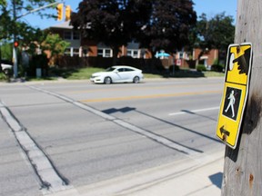 A car approaches the crosswalk on Exmouth Street at Trillium Park in Sarnia this week, the site almost two years ago of a car hitting a four-year-old girl and her pregnant mother. The elderly driver was spared jail time in "rare and exceptional" circumstances, the judge said Monday. (Terry Bridge/Sarnia Observer)