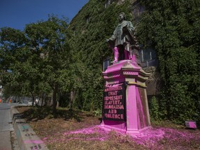 The vandalized statue of Egerton Ryerson at Bond and Gould streets on the Ryerson University  campus in Toronto on Saturday July 18, 2020. Ernest Doroszuk/Toronto Sun/Postmedia