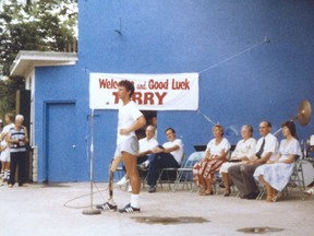 Terry Fox speaks to well-wishers in London's Victoria Park after detouring his Marathon of Hope through the city in July 1980. (Douglas Coupland photograph used with permission from the Terry Fox Run London)