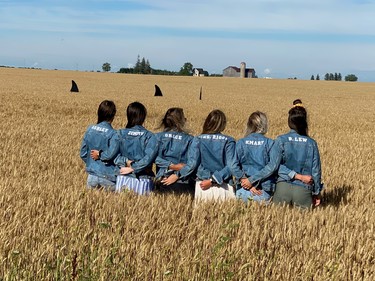 During a bachelorette trip in a Wave limo, (l-r) Stormi, Ashley, Grace Franchetto, Jaimie Lewis, Kayla Martin, Brooke link arms in a wheat field in Zurich.