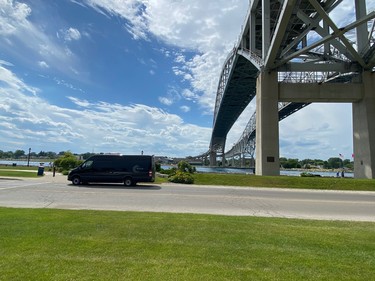 A Wave Limousine is parked beneath the Blue Water Bridge in Sarnia.
